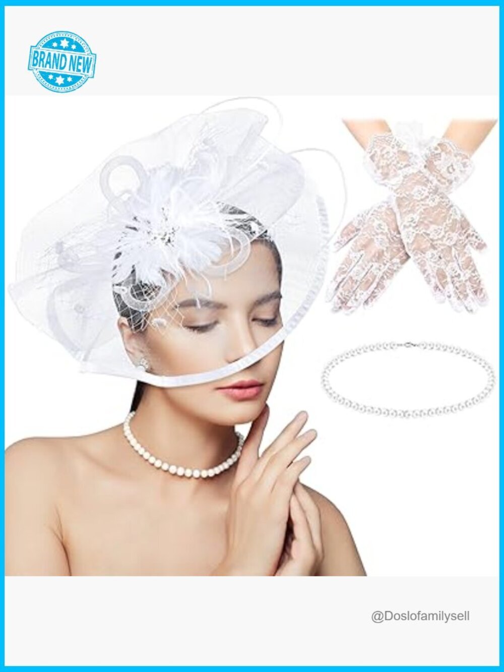 3-Piece Derby Fascinator Hat Set with Lace Gloves and Pearl Choker for Tea